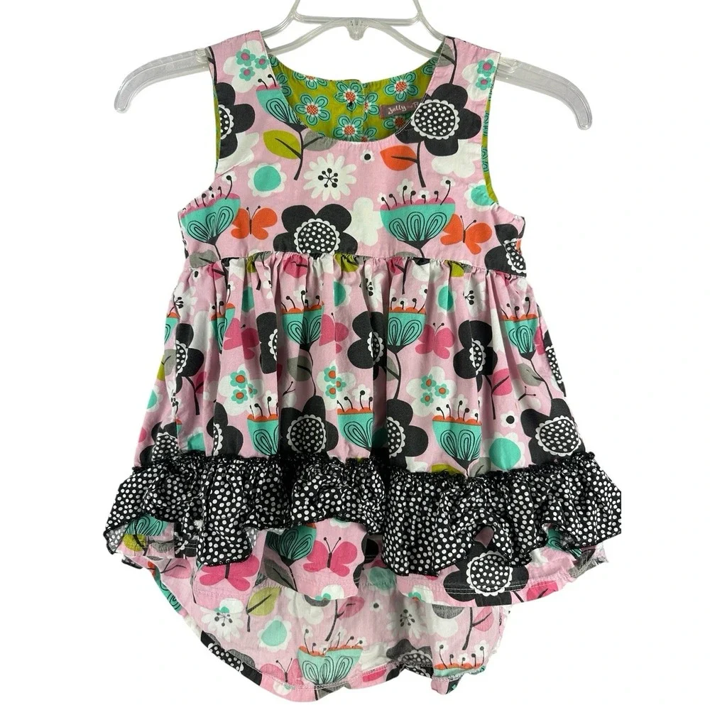 Jelly the Pug Girls Dress Size 8 Floral Bird Ruffle Layered Colorful Butterfly